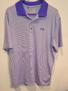 Under Armour Purple Micro-Stripe Golf Polo with Solid Collar Heat Gear Loose XL